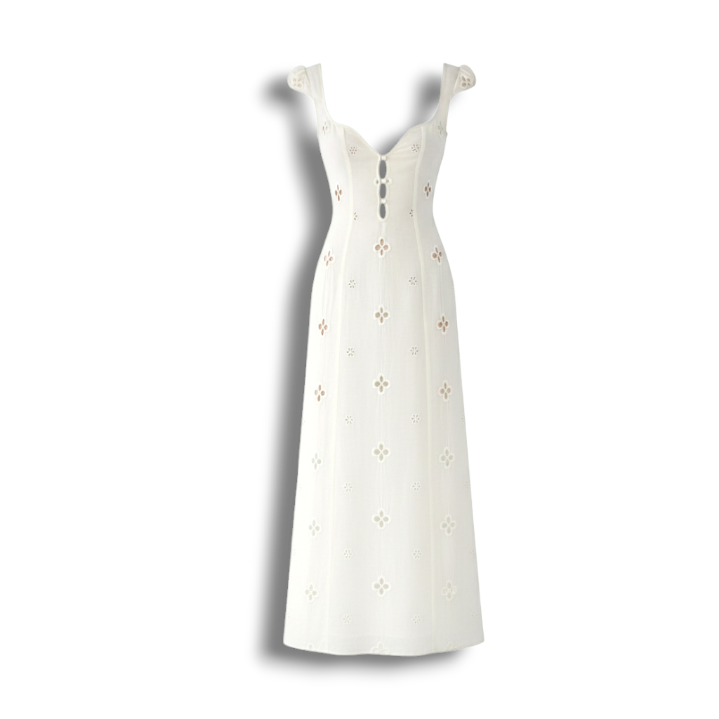 Isabella - Vintage Embroidered Fishtail Midi Dress with Puff Sleeves