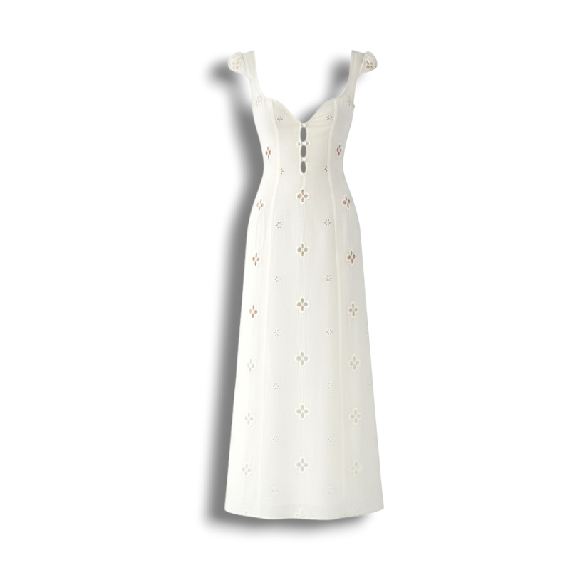 Isabella - Vintage Embroidered Fishtail Midi Dress with Puff Sleeves