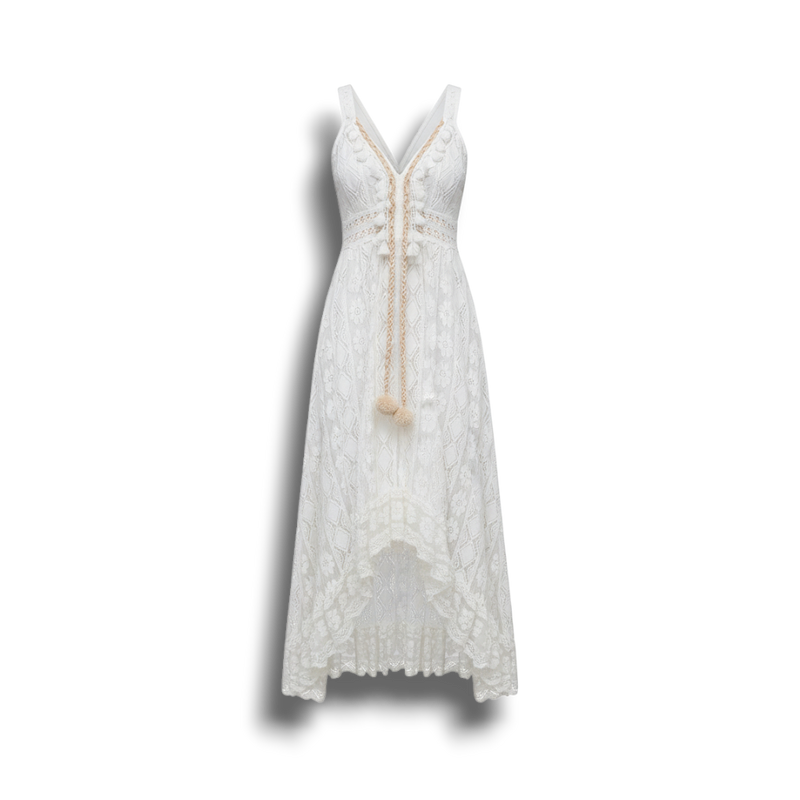 Harlow - Boho Chic Dress with Romantic Embroidery and Playful Pompoms