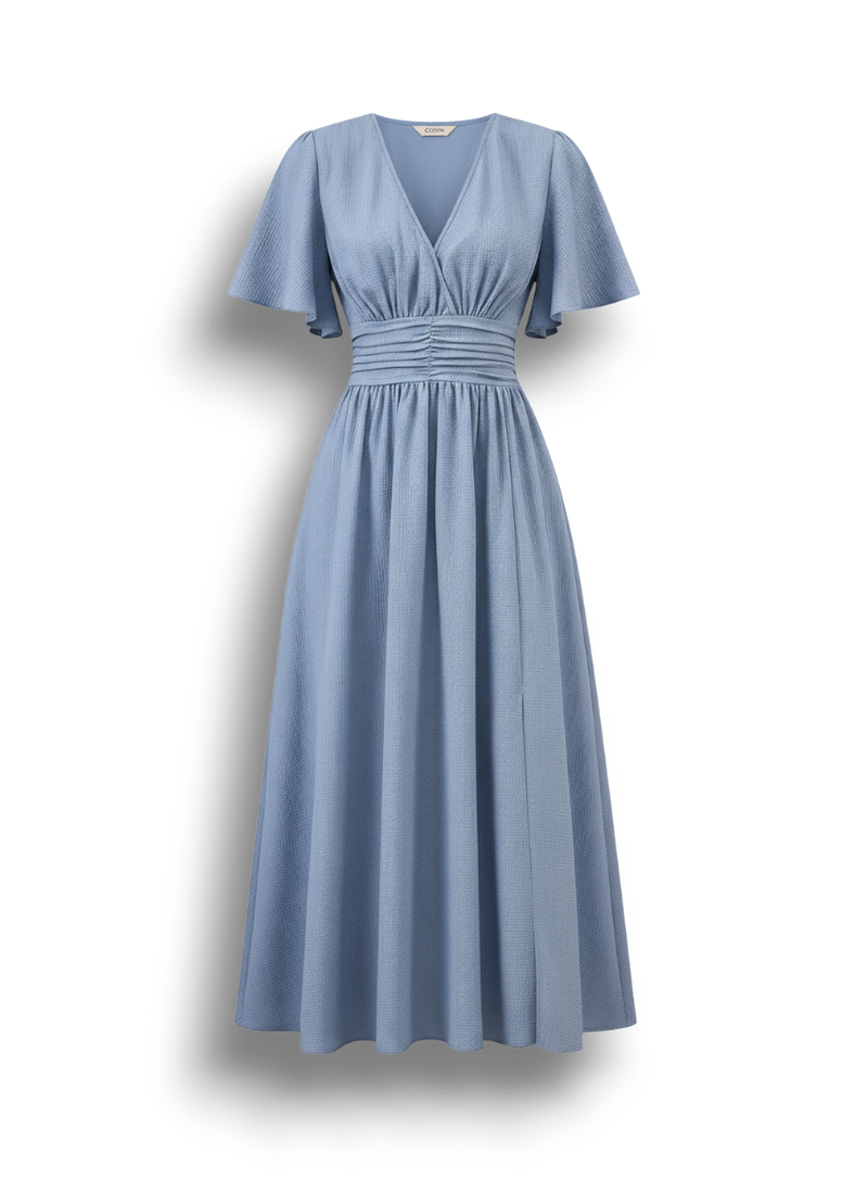 Vespera - Elegant Long Dress for Women with V-neck and Short Sleeves