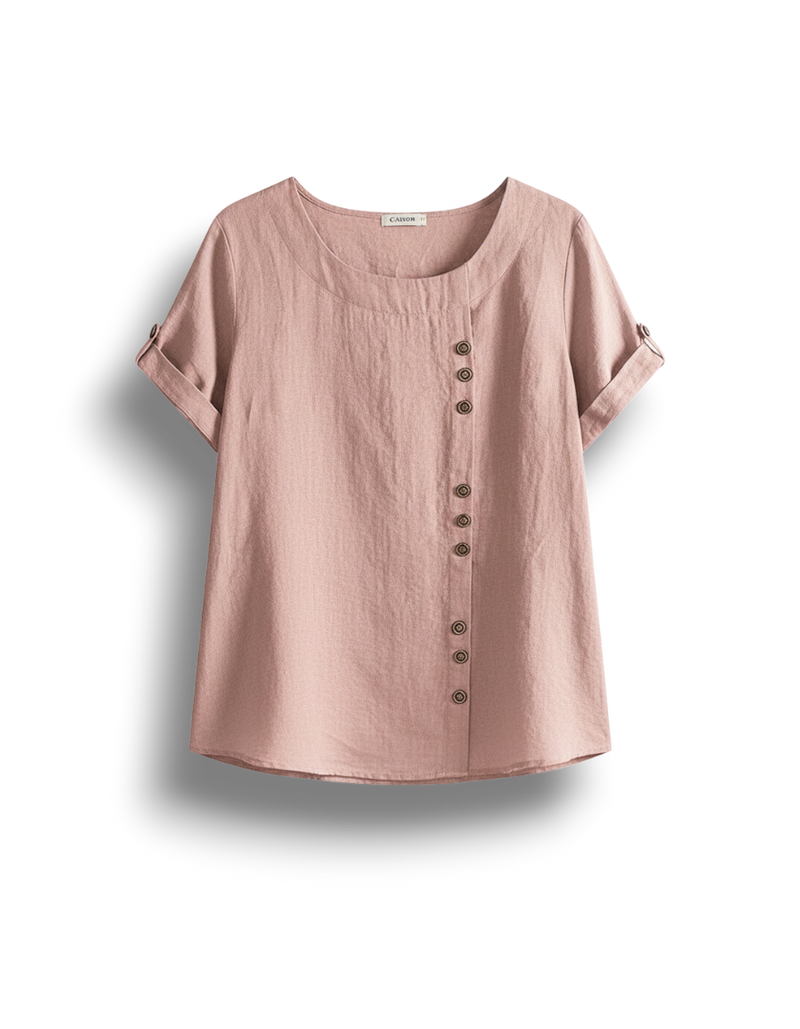 Adriana - Plain Short-Sleeved Blouse with Round Neck and Button Detail