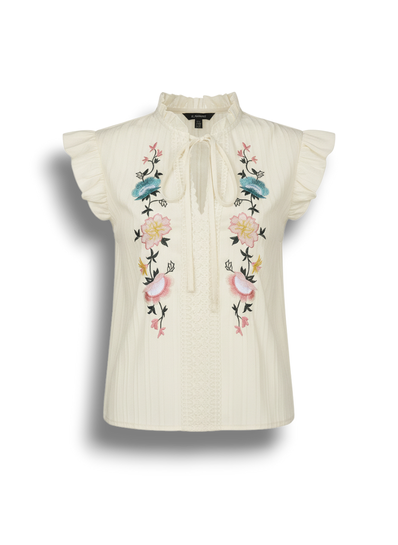 Delilah - Vintage Blouse with Embroidered Ruffle Sleeves and Floral Detail
