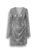 Martha - Stylish Silver Mini Dress with Long Sleeves and V-neck