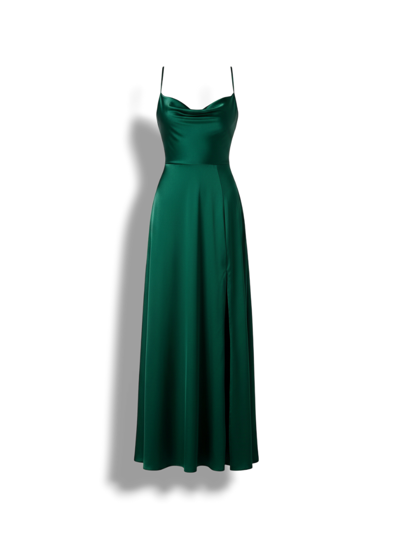 Kelsey - Elegant Satin Maxi Dress with Cowl Neckline and Spaghetti Straps