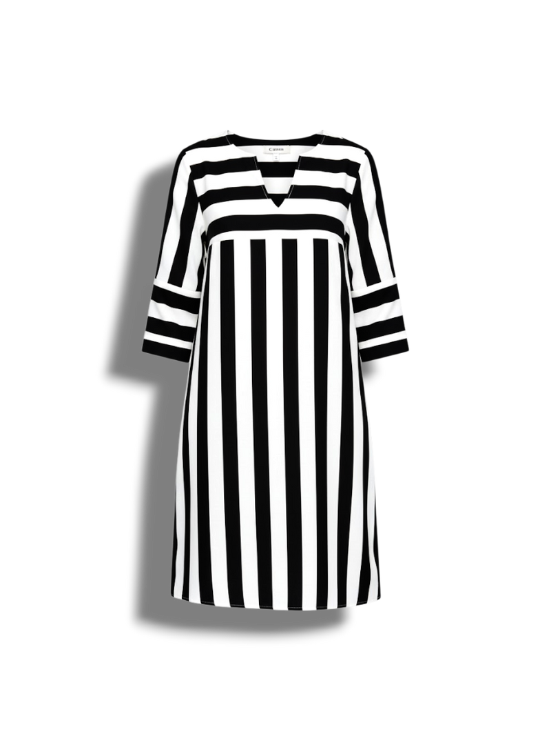 Kara-Lee - Elegant Striped Dress for Women with V-neck and Mid-length Design