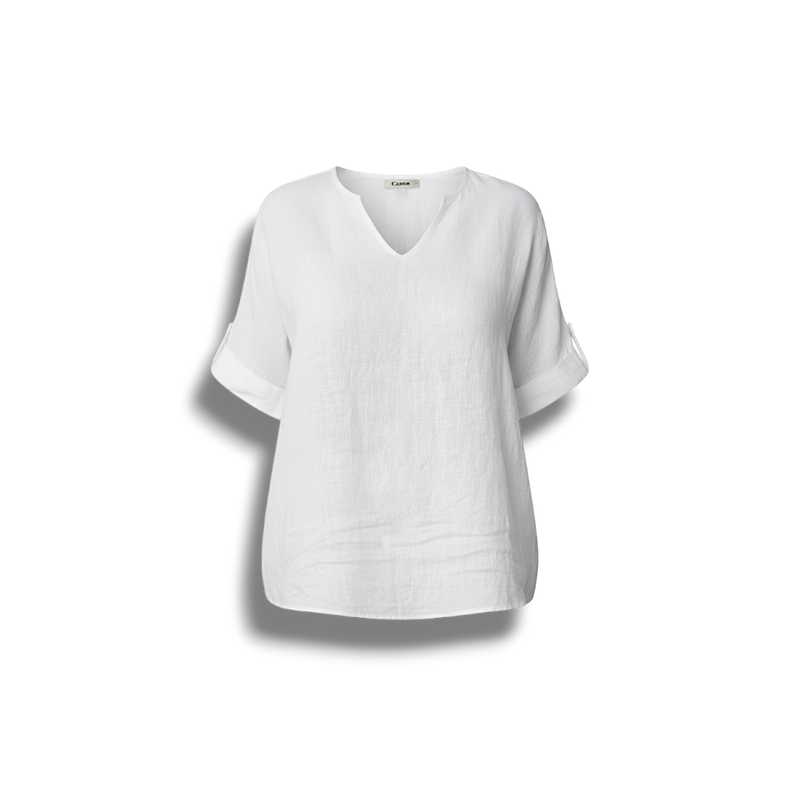 Rahima - Elegant Women's White V-Neck Linen Blouse with Semi-Sheer Quality