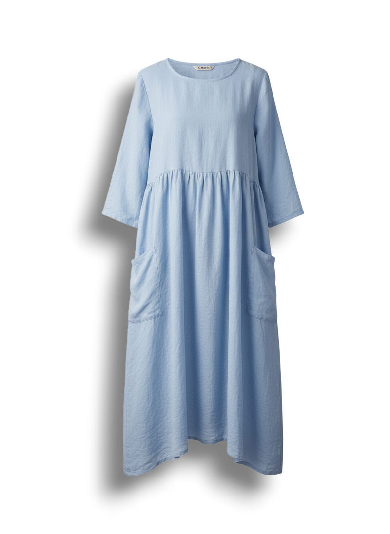 Iseult - Loose Fit Cotton Linen Women's Dress with Asymmetric Hem and Pockets