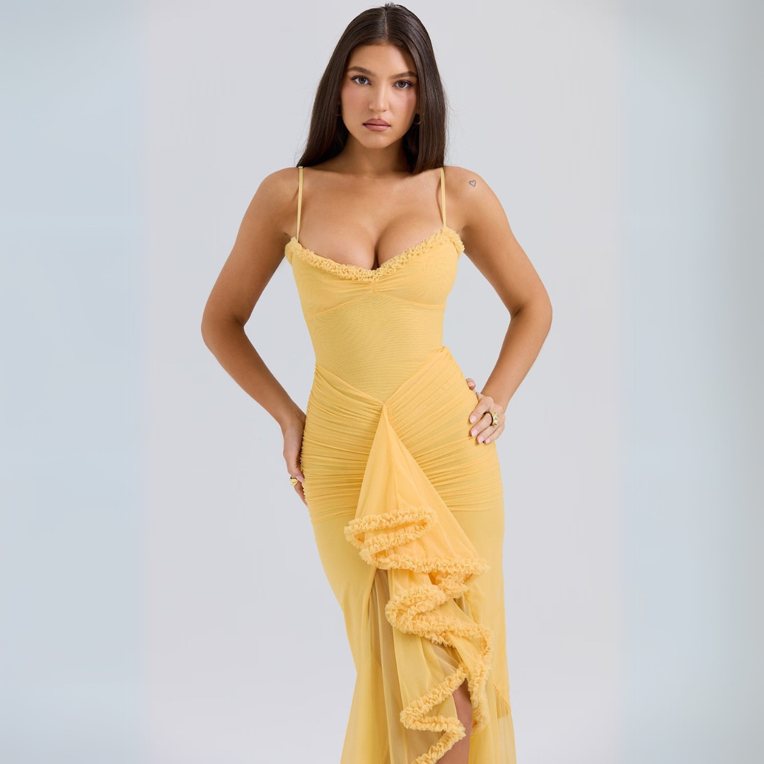 Stacy - Elegant Women's Gathered Midi Dress in Bright Yellow