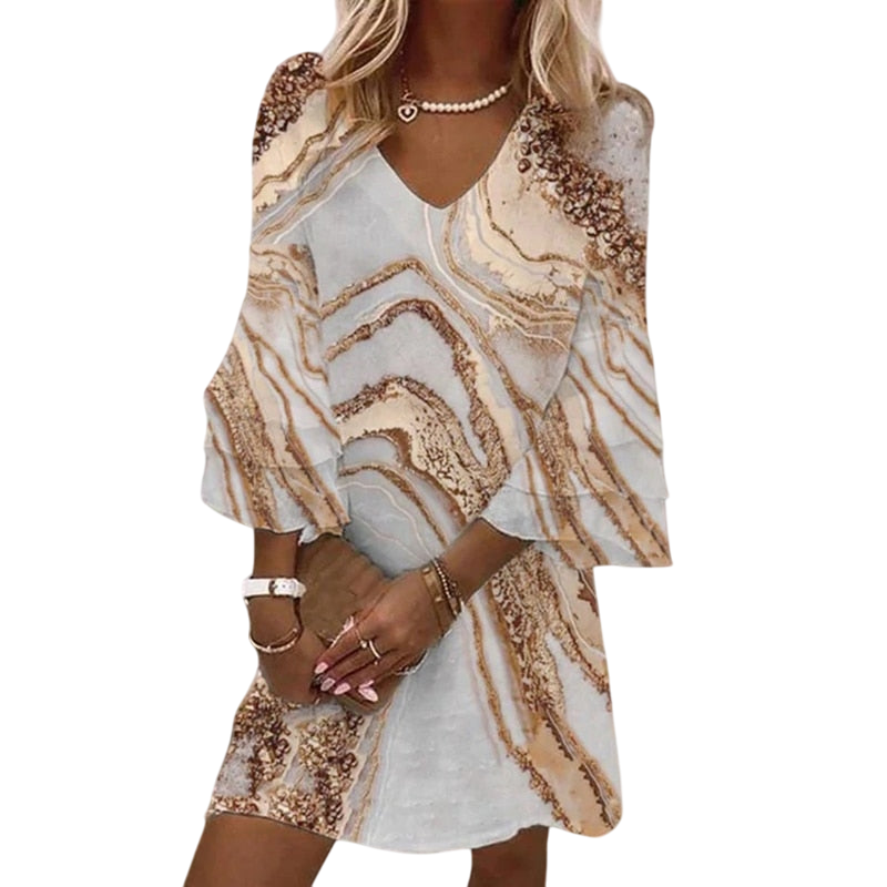 Ilaria - Lightweight Elegant Women's Mini Dress with V-Neck and Flared Sleeves