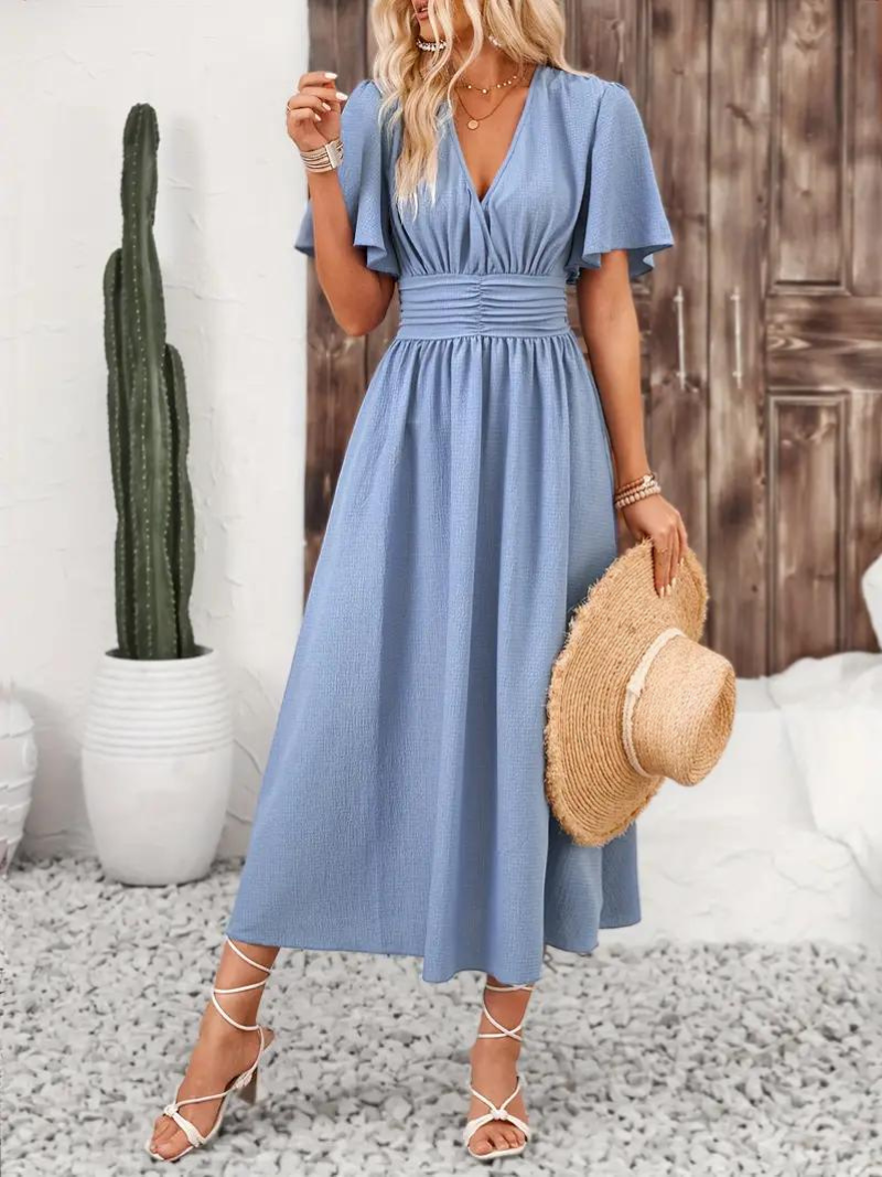 Vespera - Elegant Long Dress for Women with V-neck and Short Sleeves