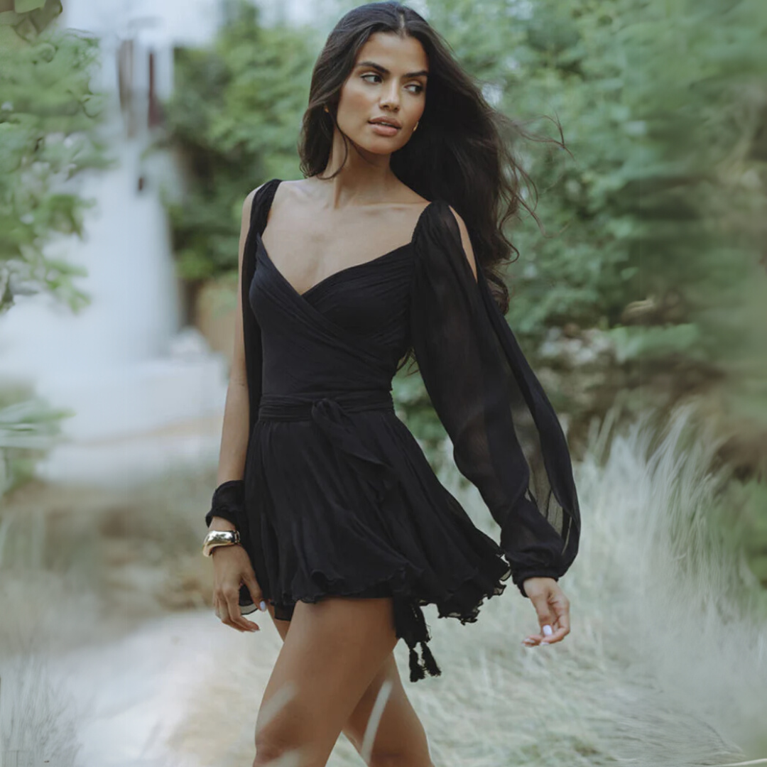 Stacey - Elegant Women's Black Chiffon Mini Dress with Draping