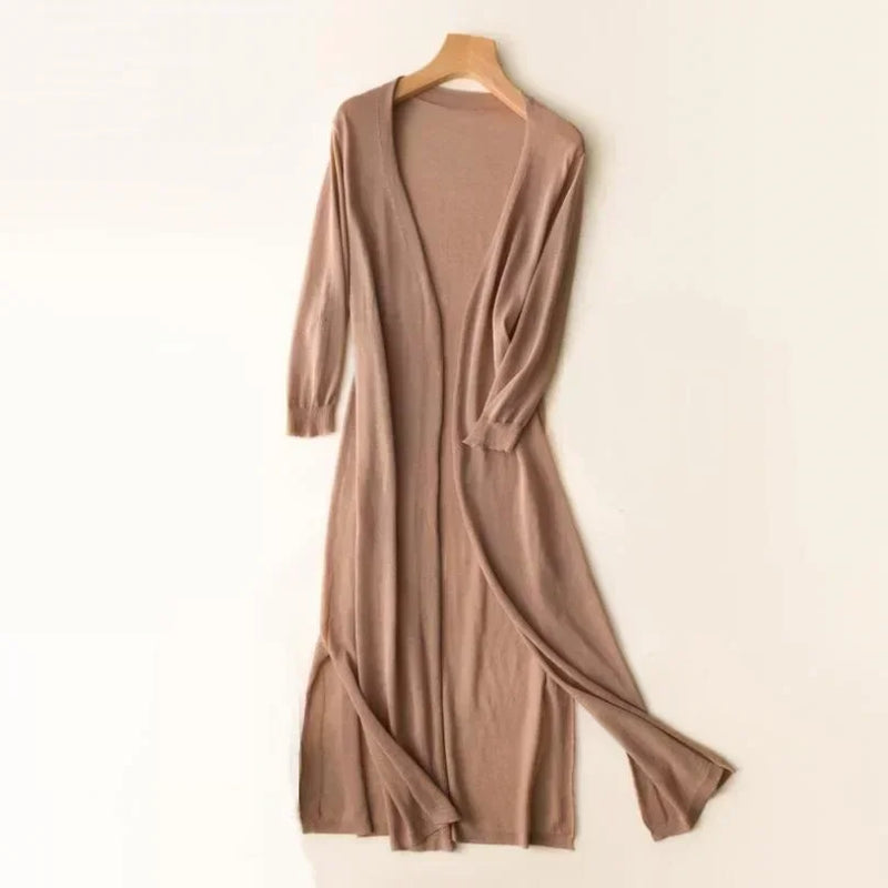 Adalina - Lightweight Women's Long Cardigan with Open Front and 3/4 Sleeves
