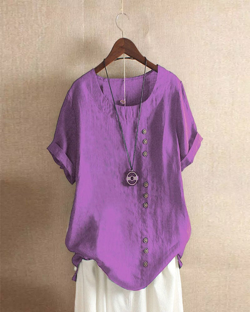 Adriana - Plain Short-Sleeved Blouse with Round Neck and Button Detail