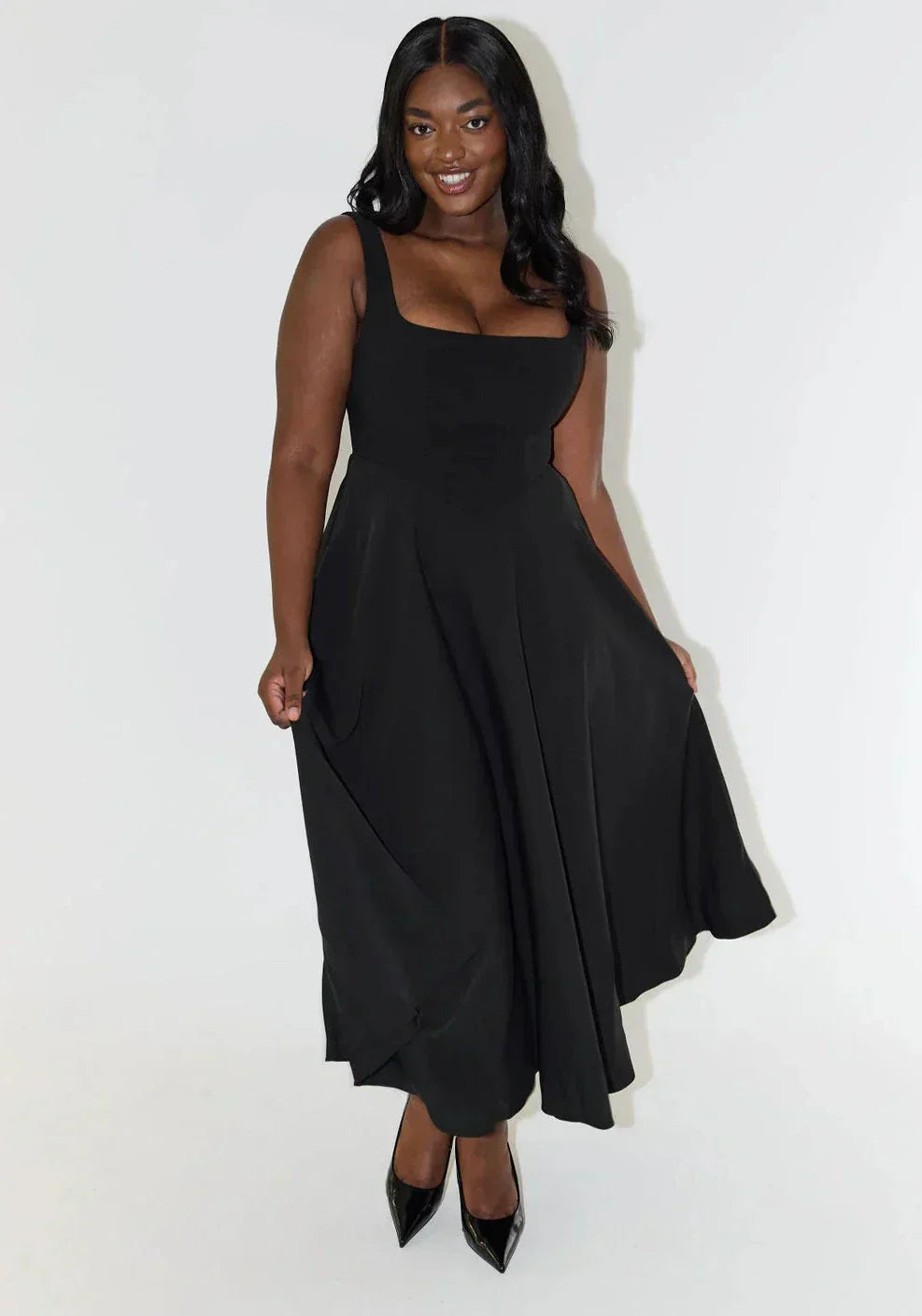 Hattie-Rae - Stylish High-Waisted Square-Neck Midi Dress for Summer Elegance