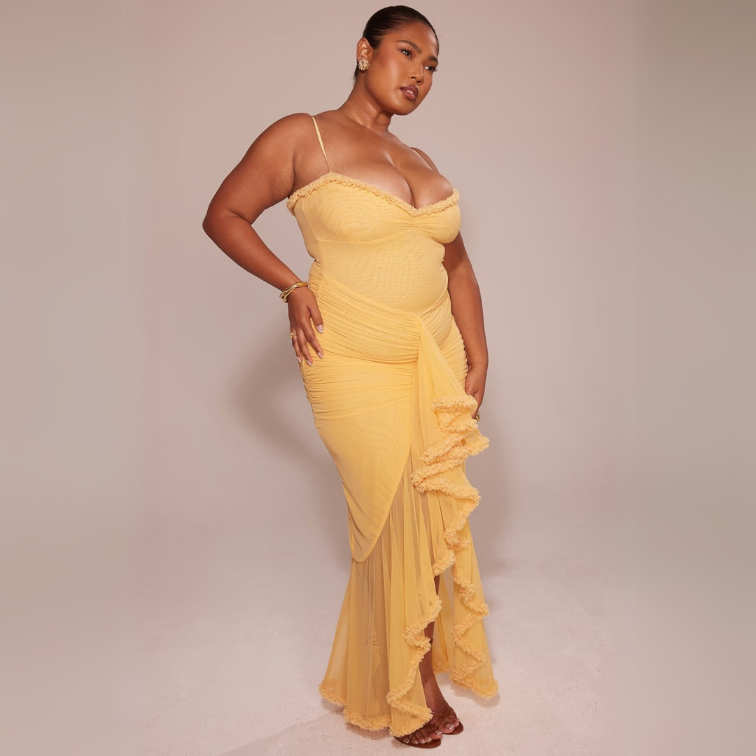 Stacy - Elegant Women's Gathered Midi Dress in Bright Yellow