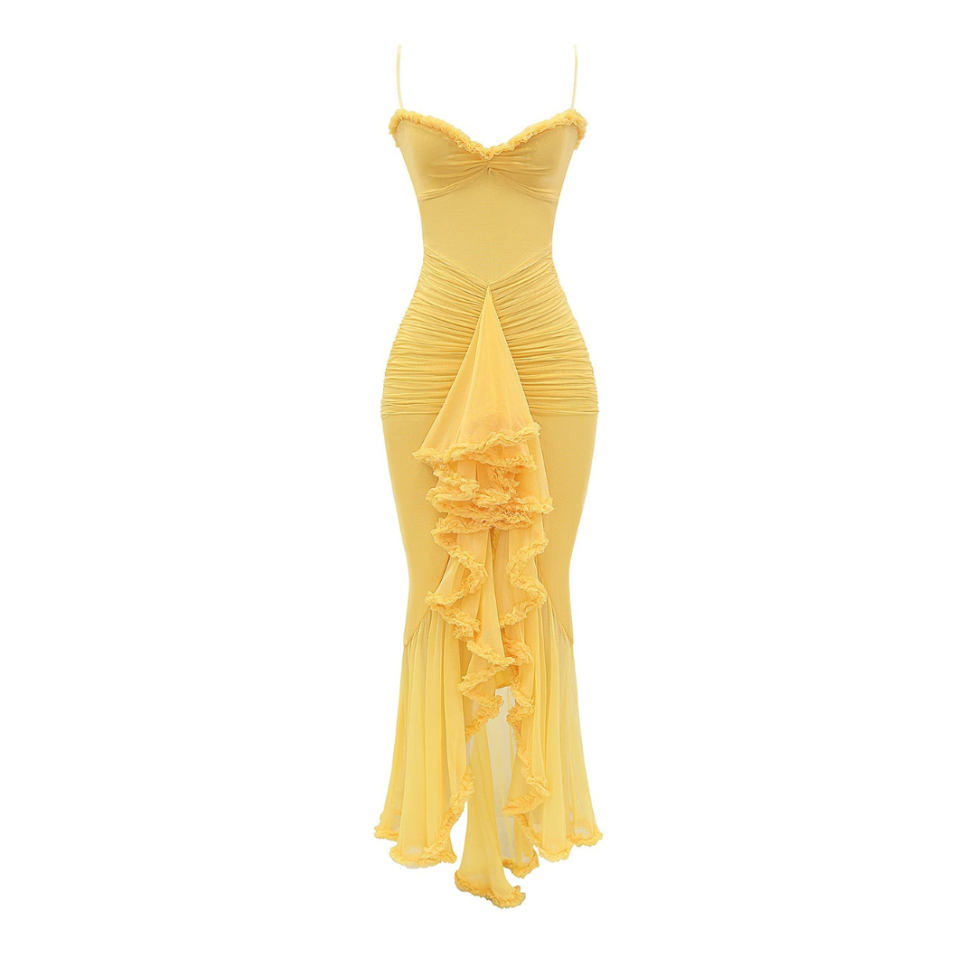 Stacy - Elegant Women's Gathered Midi Dress in Bright Yellow