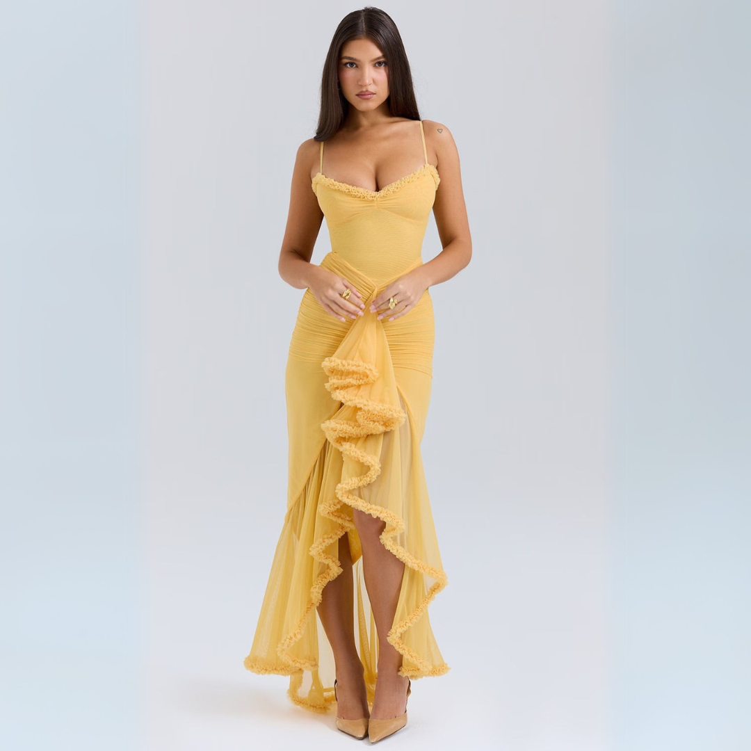 Stacy - Elegant Women's Gathered Midi Dress in Bright Yellow