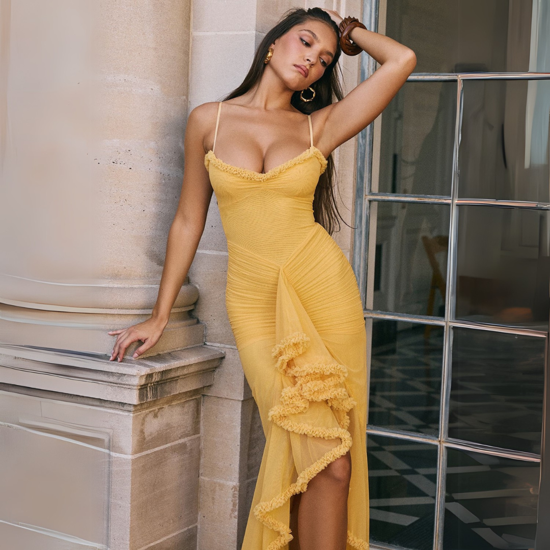Stacy - Elegant Women's Gathered Midi Dress in Bright Yellow
