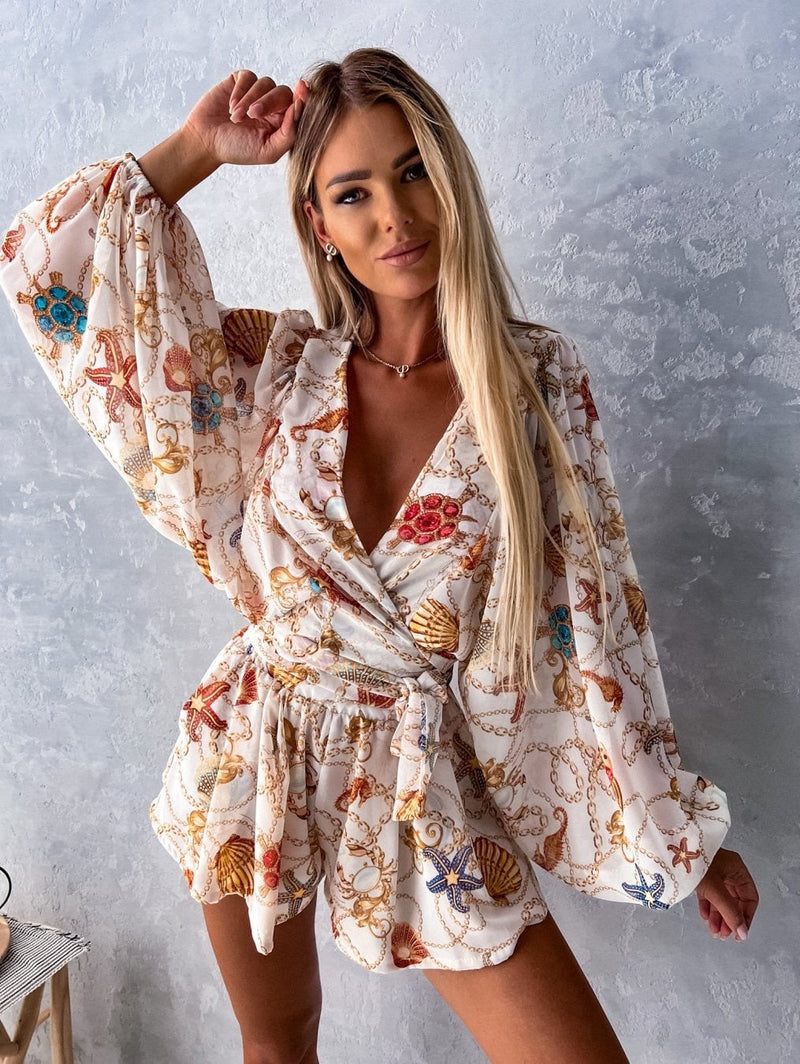 Alayna - Stylish Women's Beach Play Dress with Deep V-neck and Lantern Sleeves