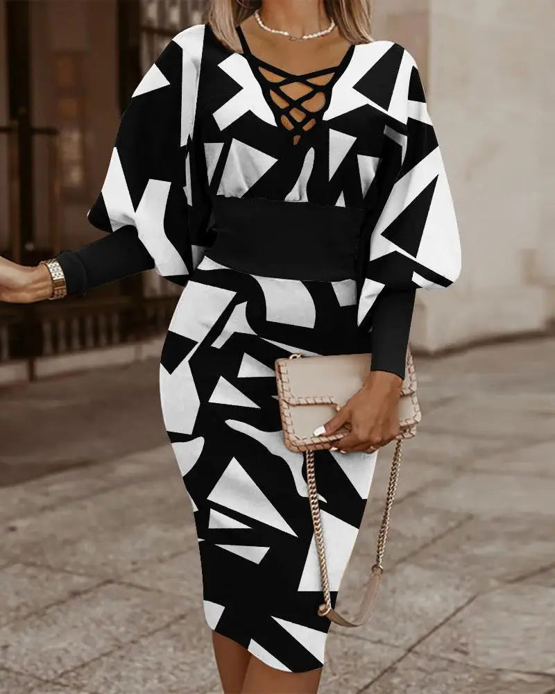 Cassia - Elegant Midi Dress with Lantern Sleeves for Every Occasion