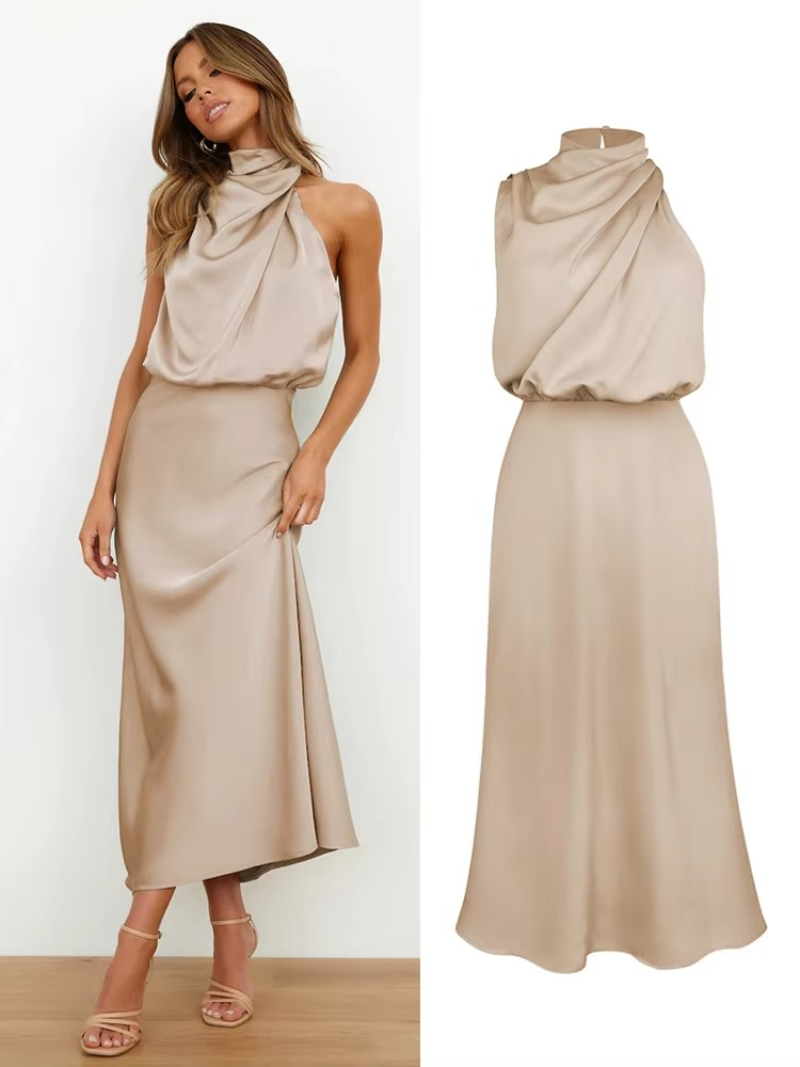 Marcy - Satin Halter Midi Cocktail Dress For Women