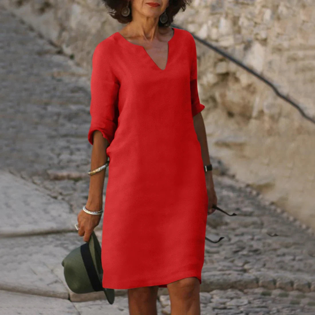 Jean - Elegant Knee-Length Dress with V-Neck and Relaxed Sleeves