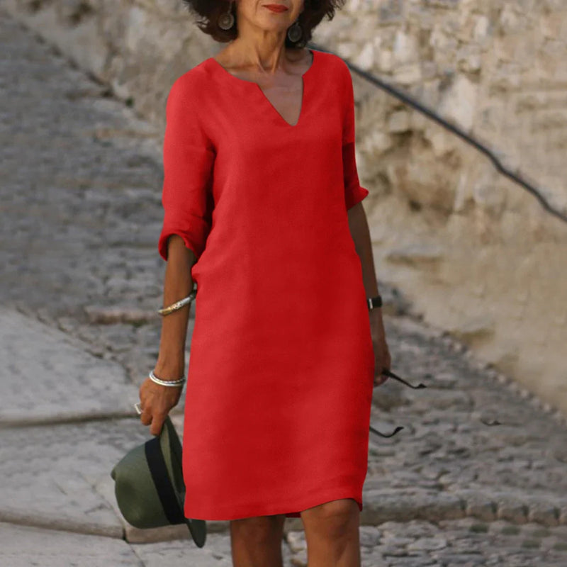 Jean - Elegant Knee-Length Dress with V-Neck and Relaxed Sleeves