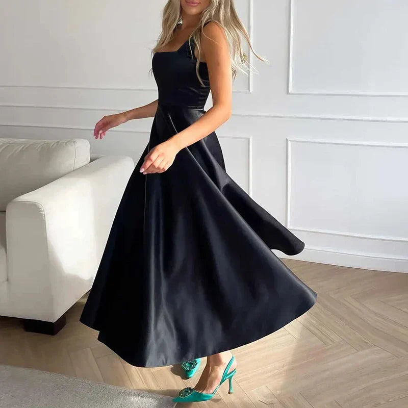 Bianca - Elegant A-line Midi Dress with Square Neckline and Spaghetti Straps