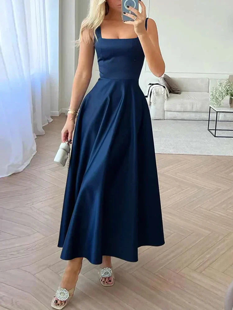 Bianca - Elegant A-line Midi Dress with Square Neckline and Spaghetti Straps
