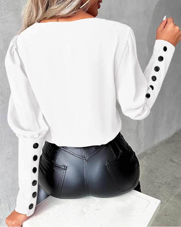 Vespera - Stylish Women's Blouse with Buttoned Sleeves and V-neck Design