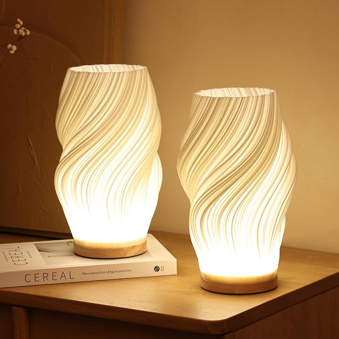 Torchora - Serene Wavecrest Lamp With Warm Wood Base Glow