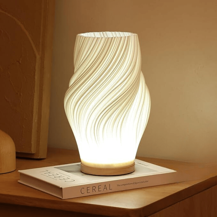 Torchora - Serene Wavecrest Lamp With Warm Wood Base Glow
