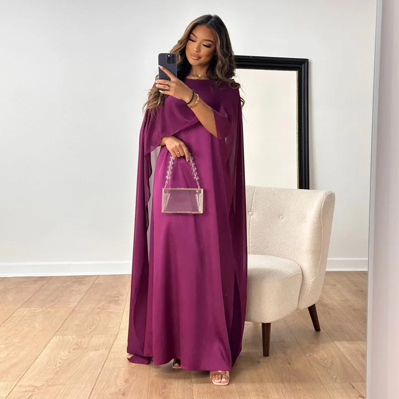 Katie - Elegant and Luxurious Satin Maxi Dress with Boat Neckline and Cape Sleeves