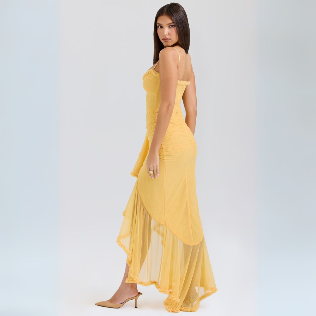 Stacy - Elegant Women's Gathered Midi Dress in Bright Yellow