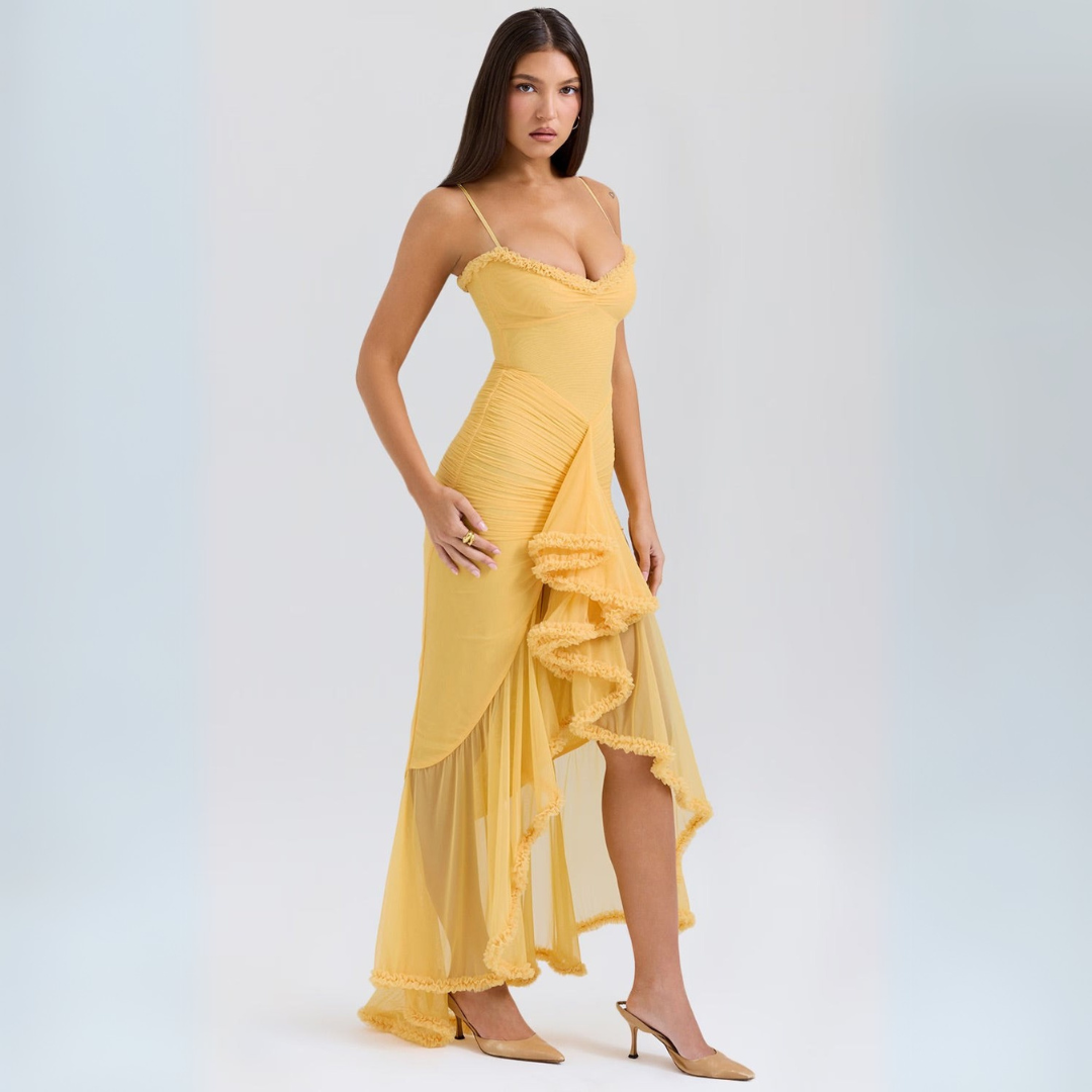 Stacy - Elegant Women's Gathered Midi Dress in Bright Yellow