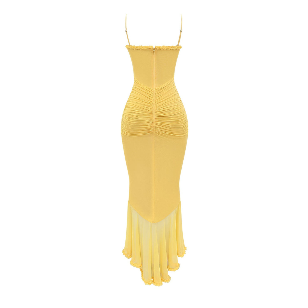Stacy - Elegant Women's Gathered Midi Dress in Bright Yellow