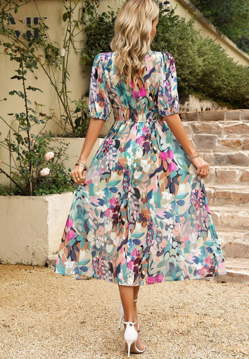 Leanne - Elegant Floral Midi Dress with Puff Sleeves