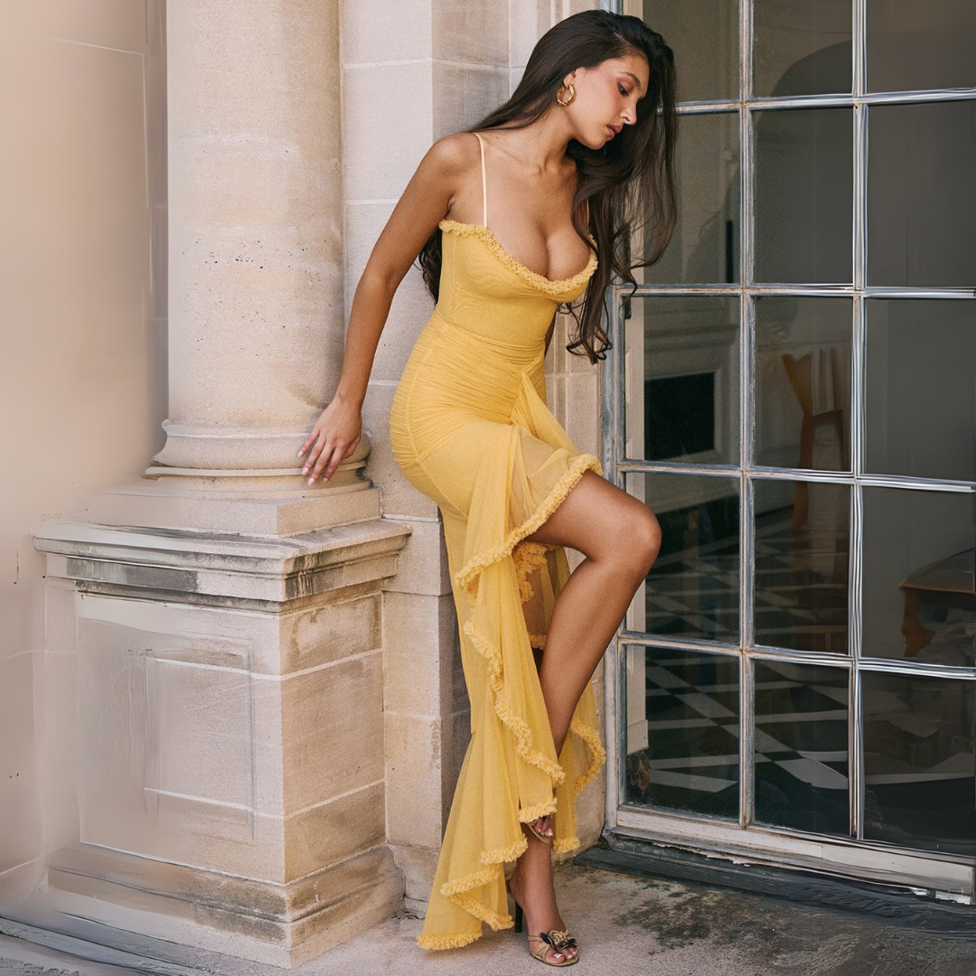 Stacy - Elegant Women's Gathered Midi Dress in Bright Yellow