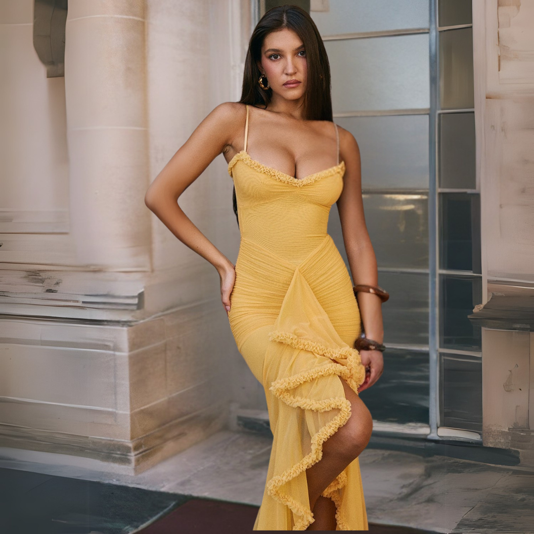 Stacy - Elegant Women's Gathered Midi Dress in Bright Yellow