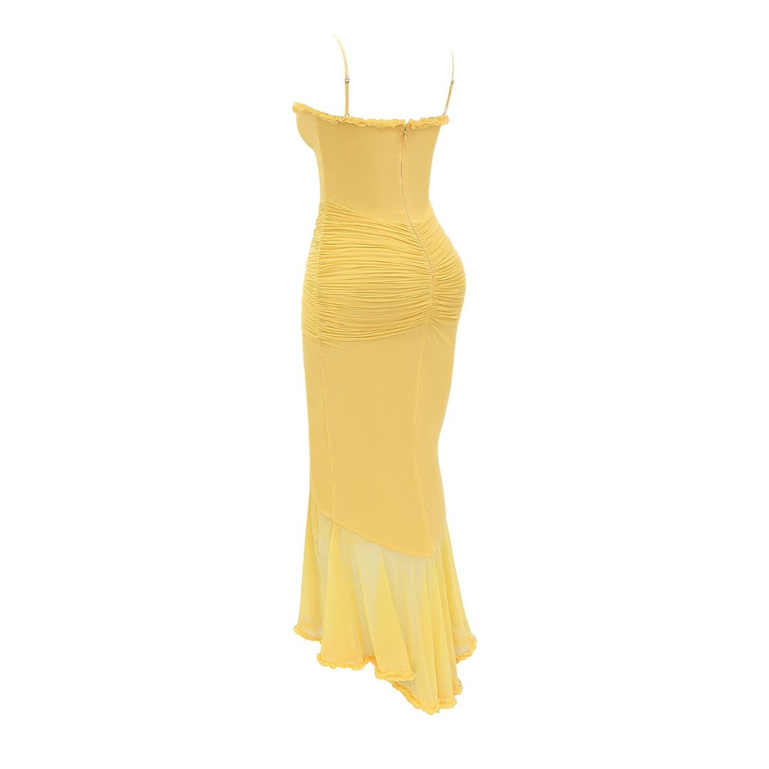 Stacy - Elegant Women's Gathered Midi Dress in Bright Yellow
