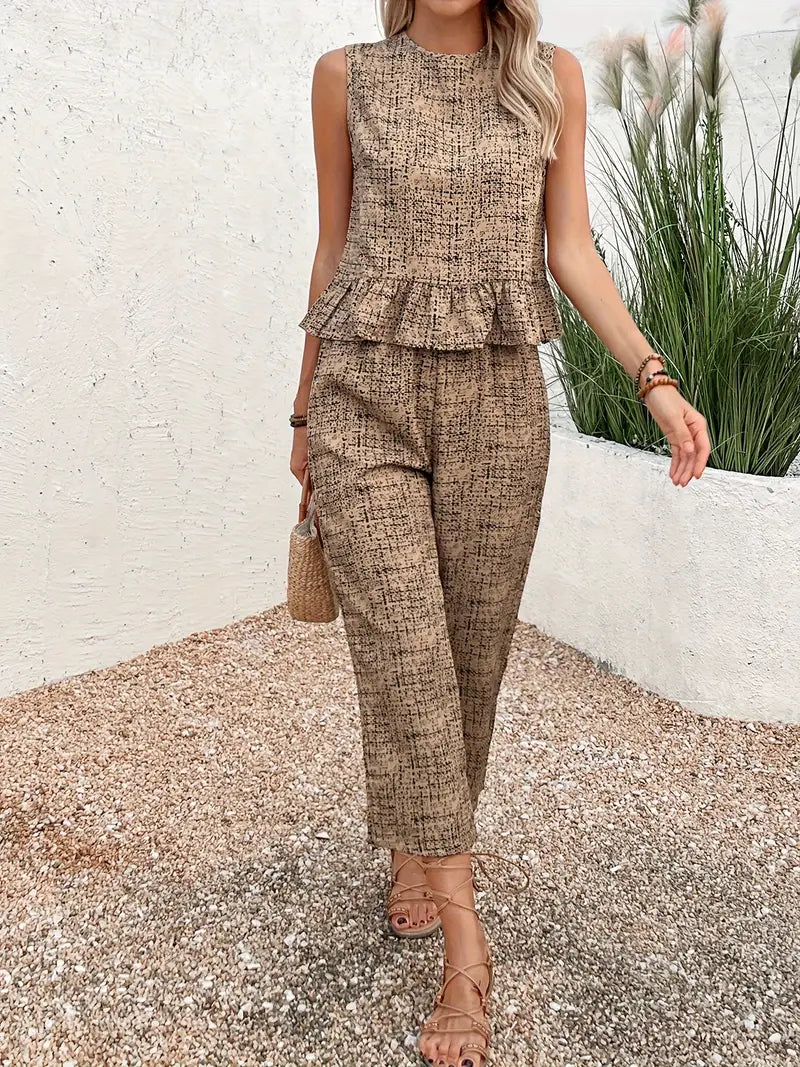 Jacqueline - Elegant Women's Two-Piece Set with Sleeveless Peplum Top and Wide-Leg Shorts
