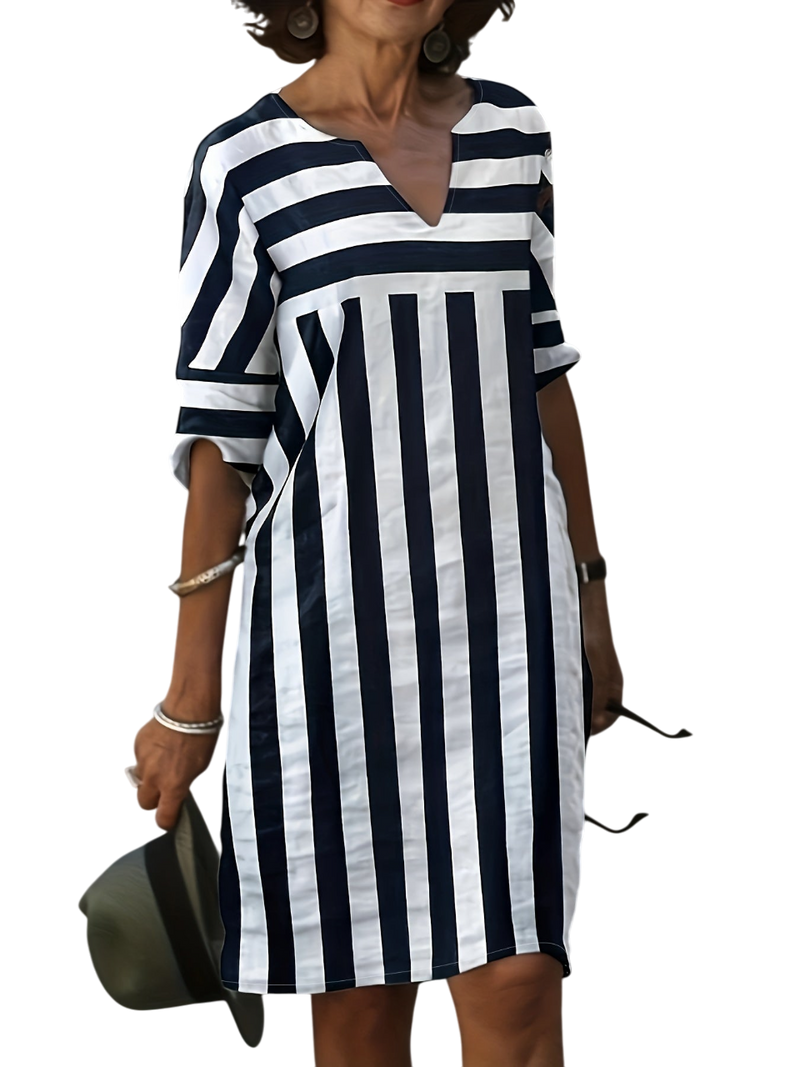 Kara-Lee - Elegant Striped Dress for Women with V-neck and Mid-length Design