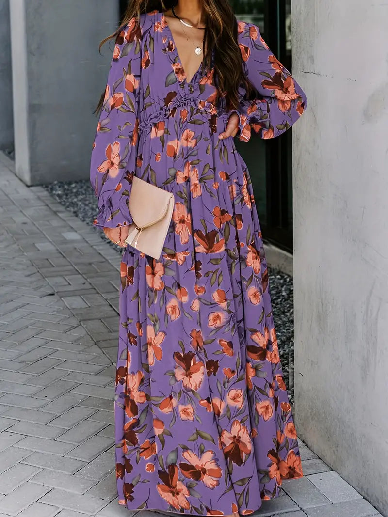 Alison - Elegant Floral Maxi Dress with V-neck and Long Sleeves