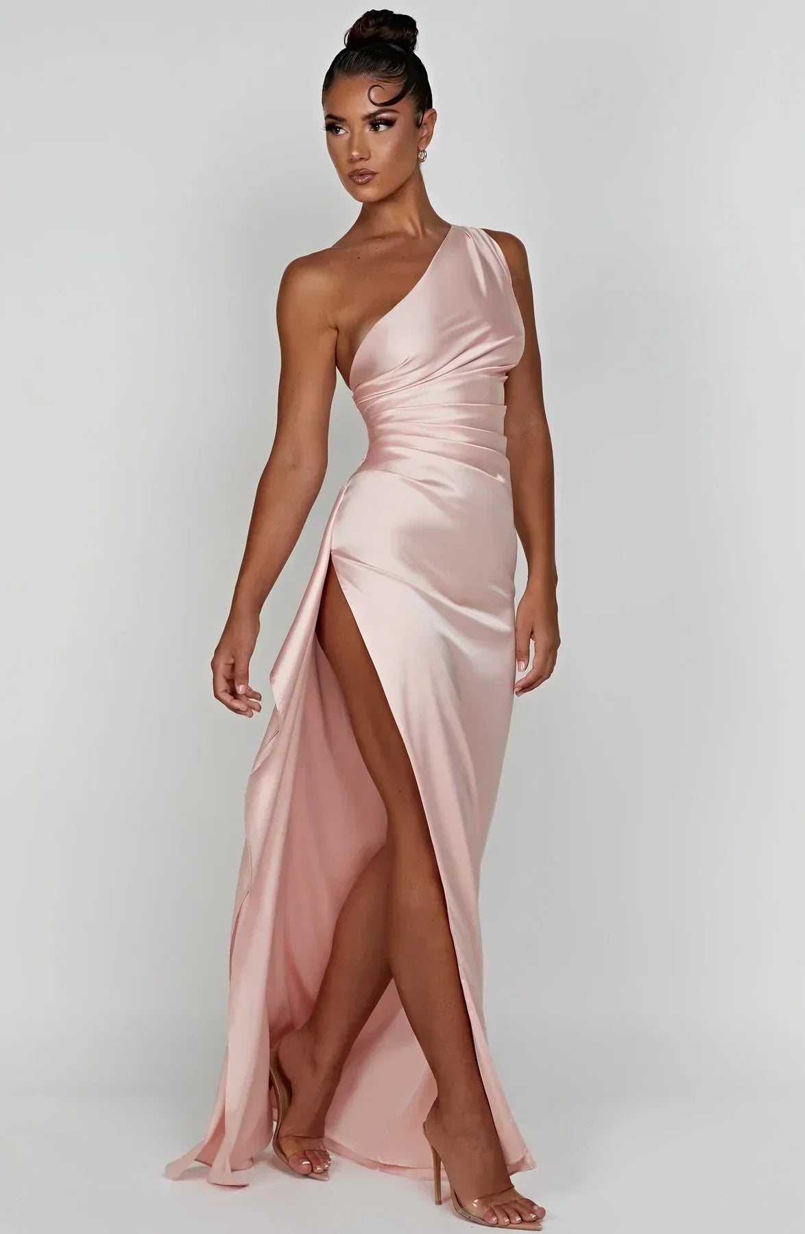 Olivianne - Elegant Pleated Satin Slit Dress with One-Shoulder Design