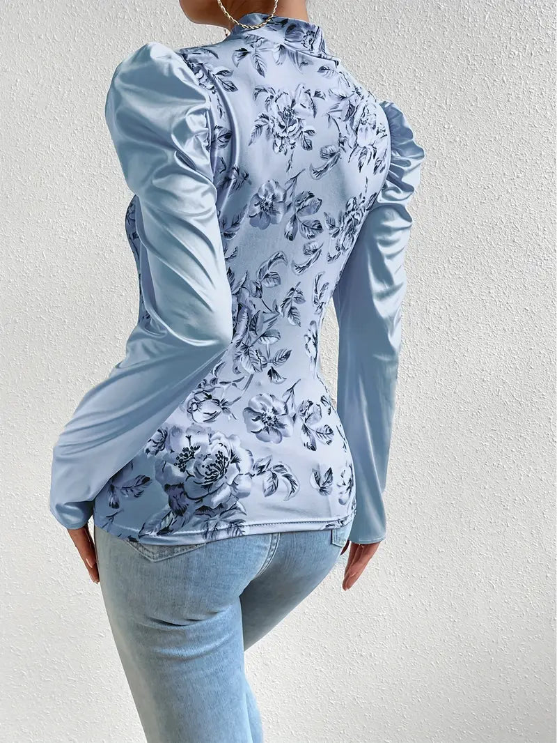 Uma - Elegant Floral Satin Top with Puff Sleeves and High Neckline