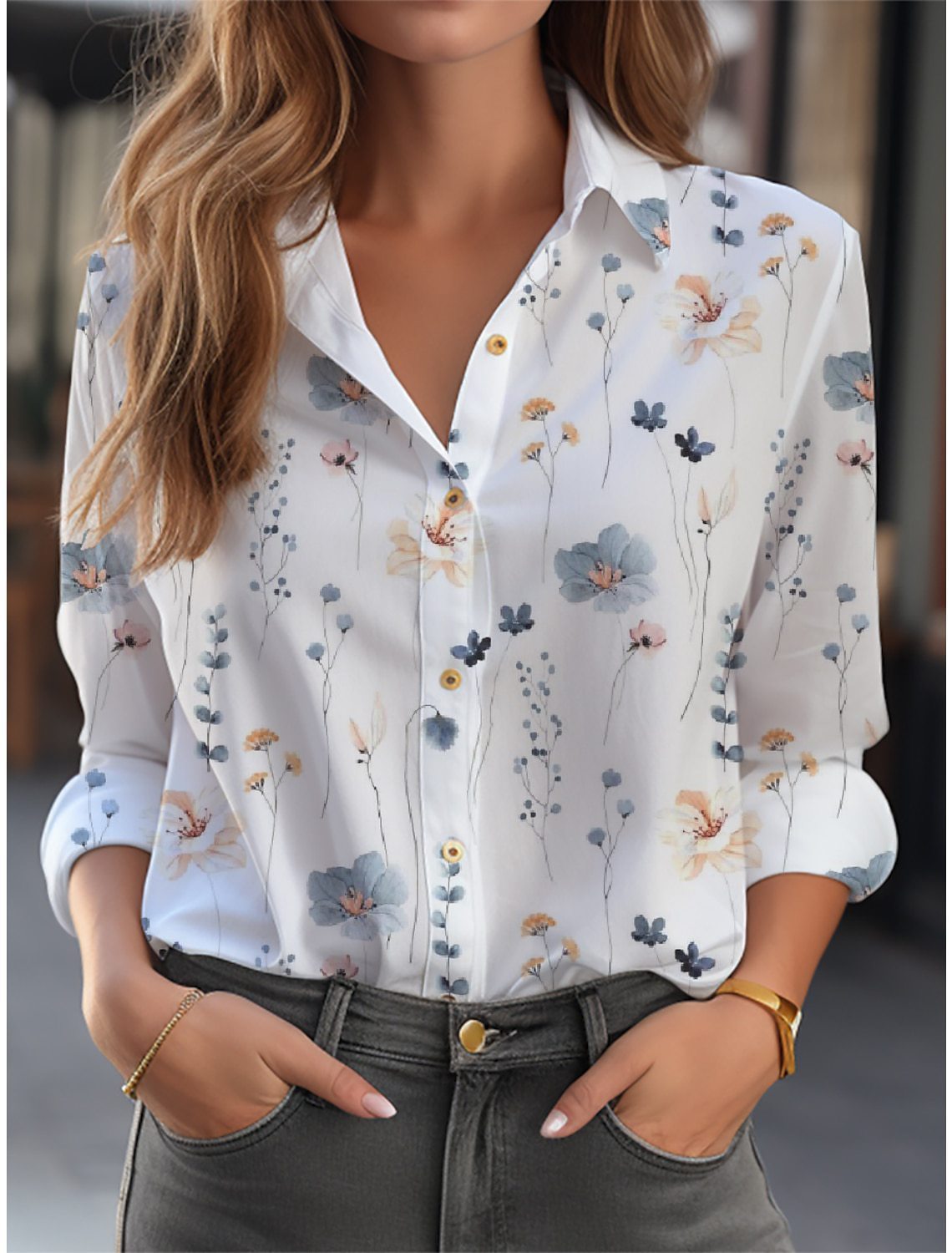 Sibyl - Floral Print Women's Blouse With Button Front