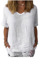 Rahima - Elegant Women's White V-Neck Linen Blouse with Semi-Sheer Quality
