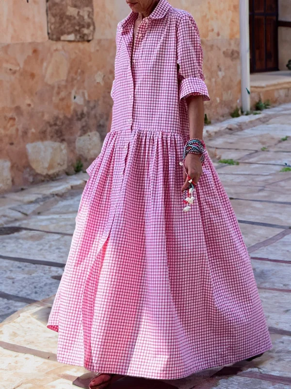Elenna - Trendy Long-Sleeved Cotton and Linen Plaid Swing Dress