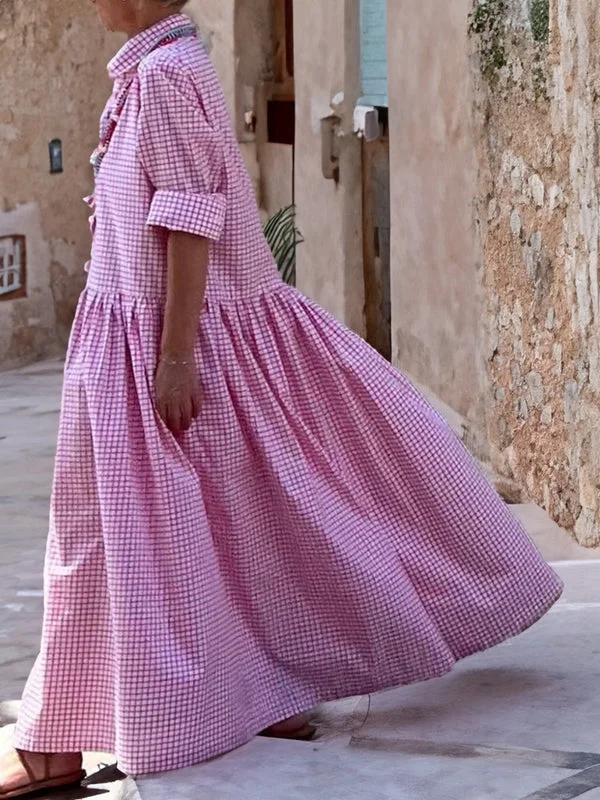 Elenna - Trendy Long-Sleeved Cotton and Linen Plaid Swing Dress