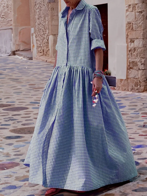 Elenna - Trendy Long-Sleeved Cotton and Linen Plaid Swing Dress